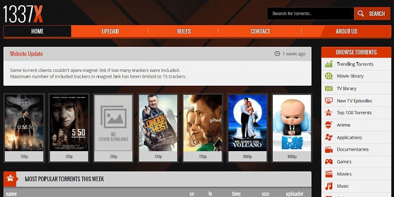 1337x torrent website homepage with movie thumbnails