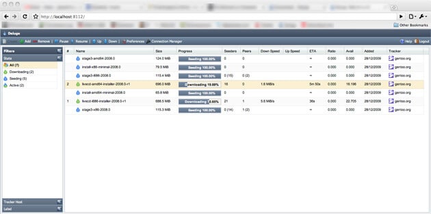 Torrent client interface showing active downloads and progress