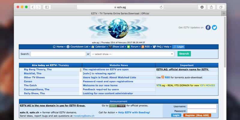 Screenshot of EZTV torrent website homepage interface