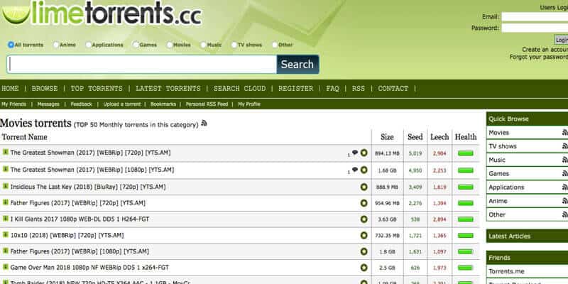 LimeTorrents movie torrents listing page screenshot