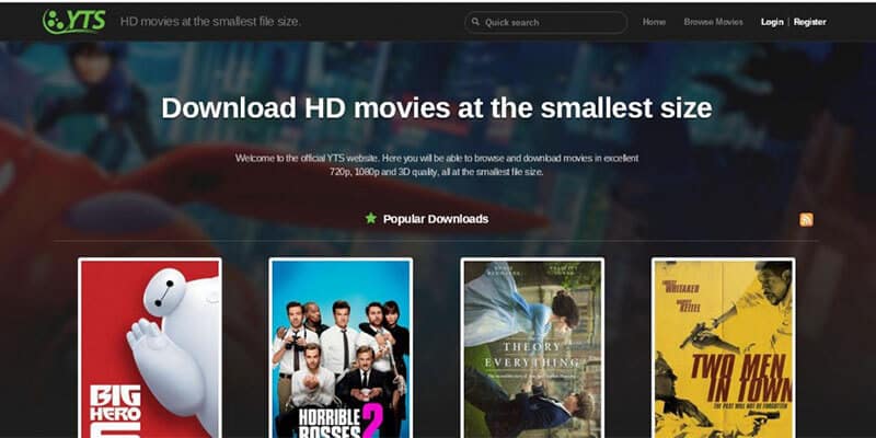 YTS website homepage with HD movie downloads
