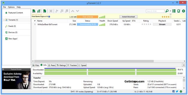 uTorrent client downloading file at 99 percent