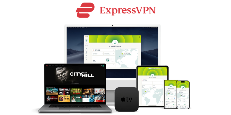 ExpressVPN app displayed across multiple digital devices