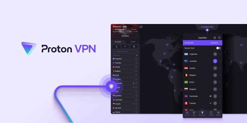 Proton VPN app interface with world map