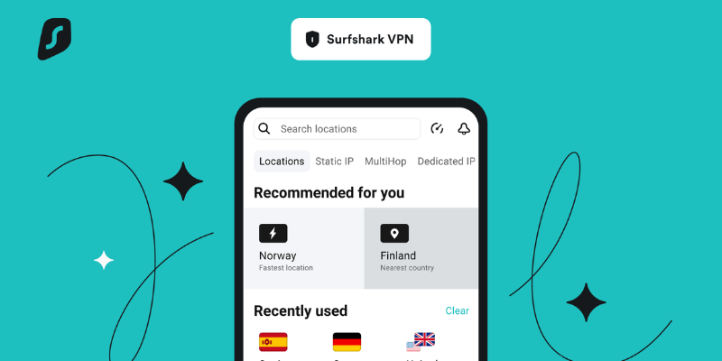 Surfshark VPN app showing recommended locations