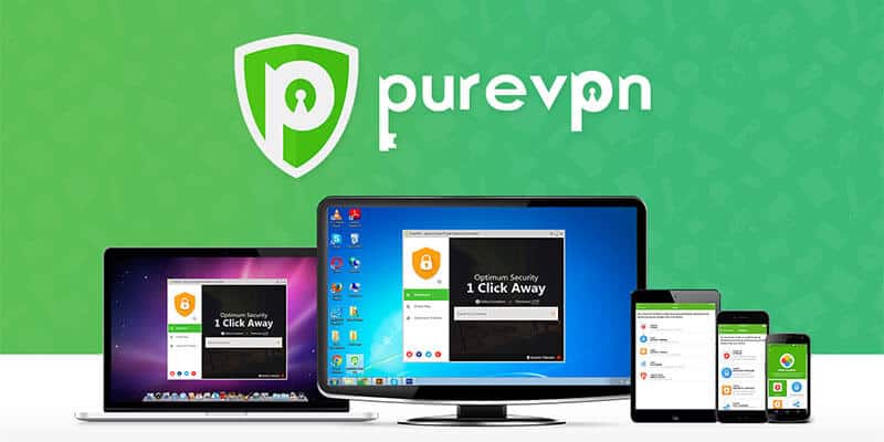 PureVPN displayed on laptop, desktop, tablet, smartphone